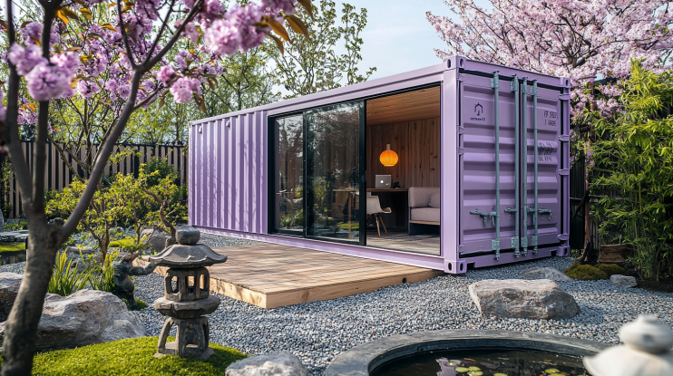 10ft lavender container office in a Zen garden with a glass door