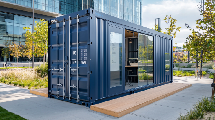 20ft blue container office on a tech campus with frosted windows