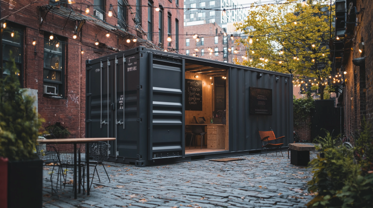 20ft charcoal container office in an urban alleyway with string lights