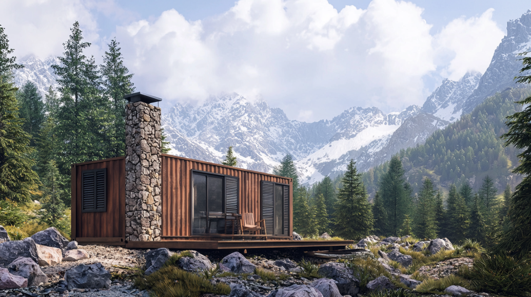 20ft wood-finished container office in a mountain lodge setting with a chimney