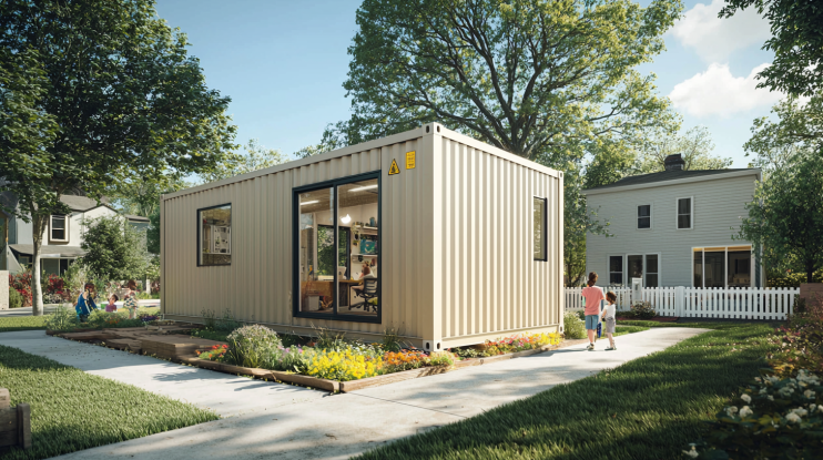 40ft cream container office in a suburban cul-de-sac with picture windows