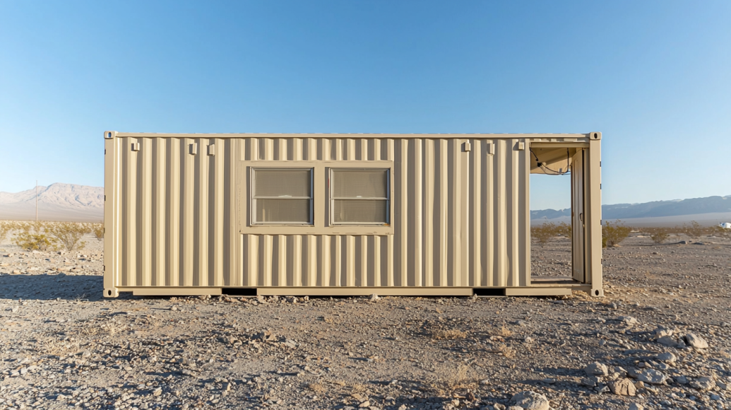 40ft tan container office in a desert outpost with shutters.