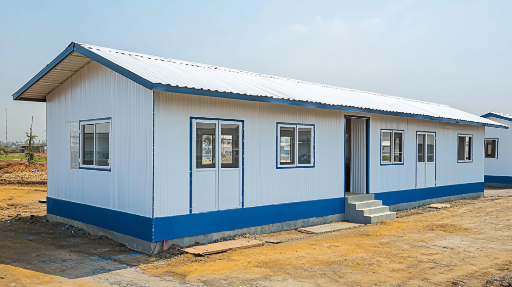 Single-storey blue GI frame labor colony with 10 rooms