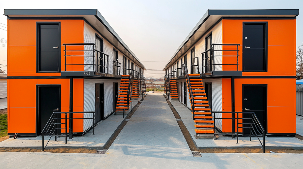 Two-storey orange GI frame labor colony with 20 rooms
