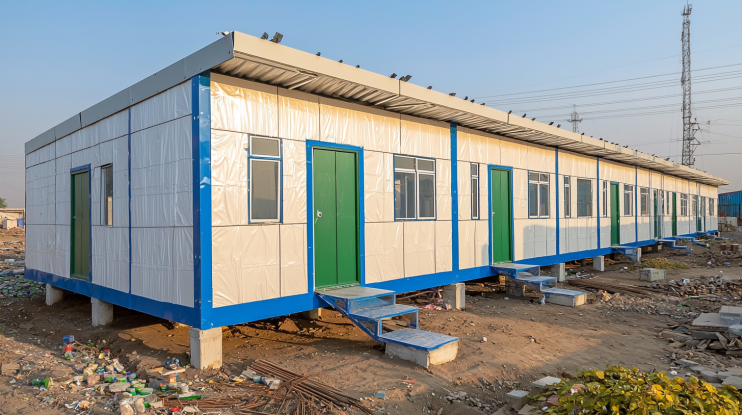 Single-storey blue GI frame labor colony with 16 rooms