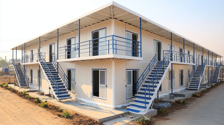 Two-storey white GI frame labor colony with 16 rooms