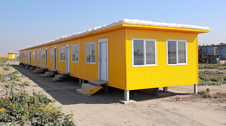 L-shaped yellow GI frame labor colony with 10 rooms