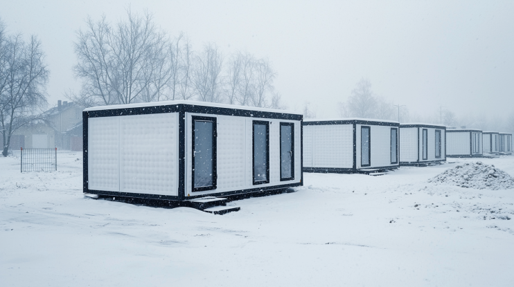 winter construction site with prefab labor hutments