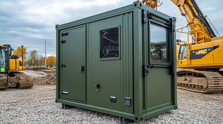 Camouflage green 10-feet security cabin at construction site
