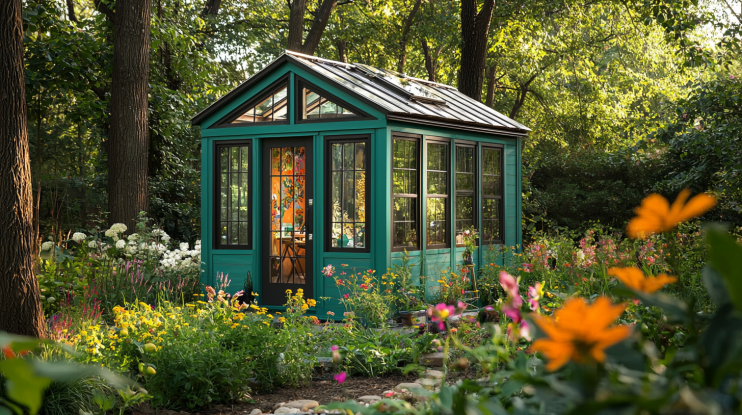 Vibrant teal 12-feet portable art studio cabin in a garden