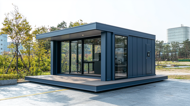 Metallic blue 20-feet porta cabin office in urban area