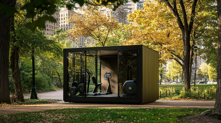 Matte black 20-feet portable gym cabin in urban park.