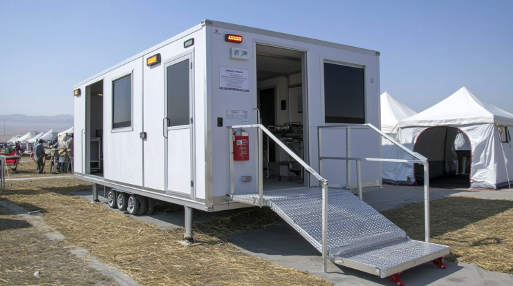Crisp white 35-feet portable medical clinic cabin in disaster relief area