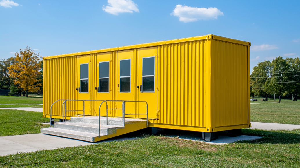 Bright yellow 40-feet classroom cabin in rural schoolyard