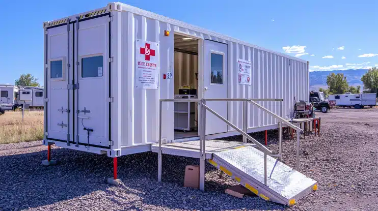 30x10 white portable container cabin serving as a medical clinic