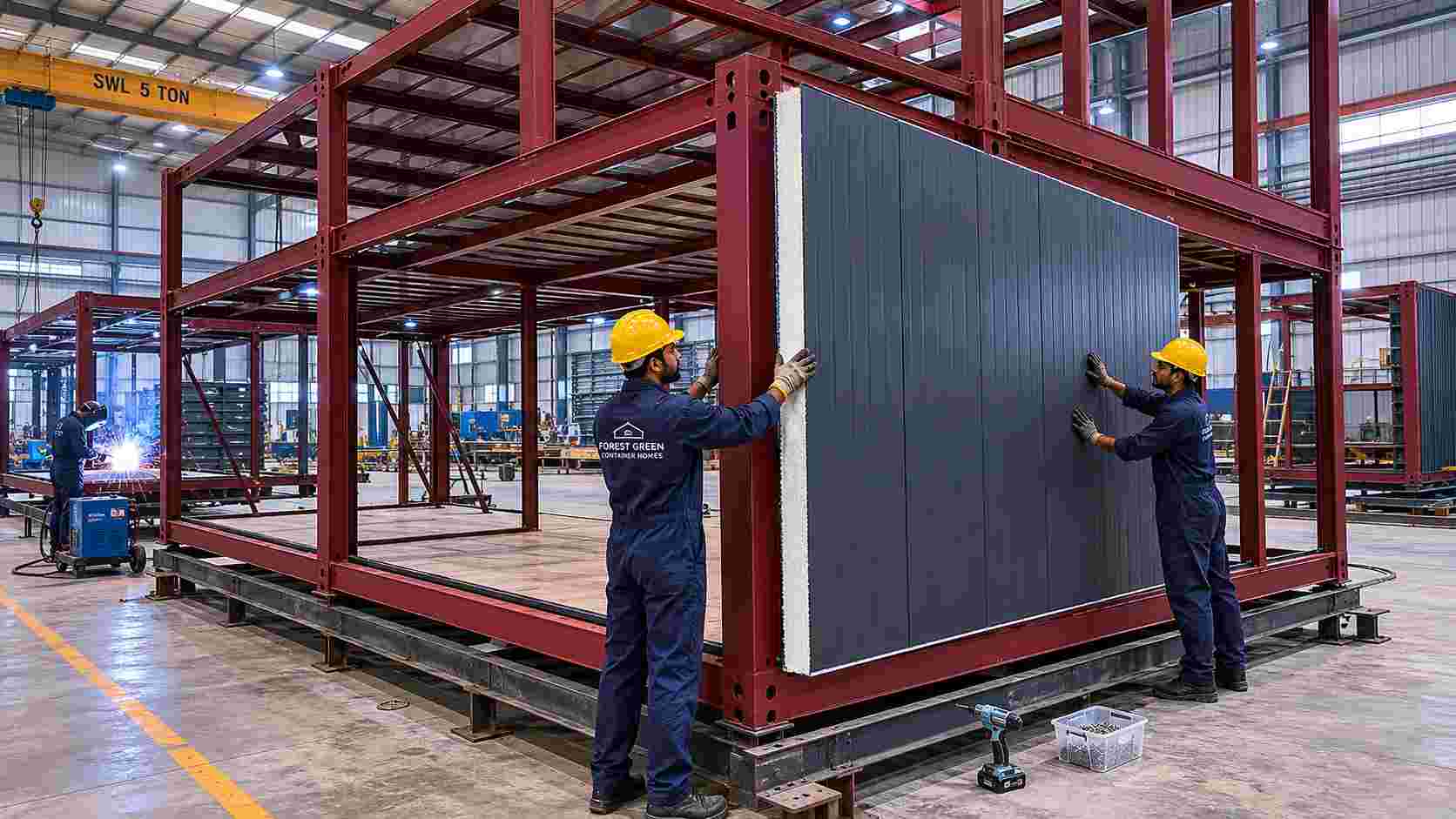 SAMAN factory workers fitting 50mm PUF sandwich panels to a steel frame during affordable container home production