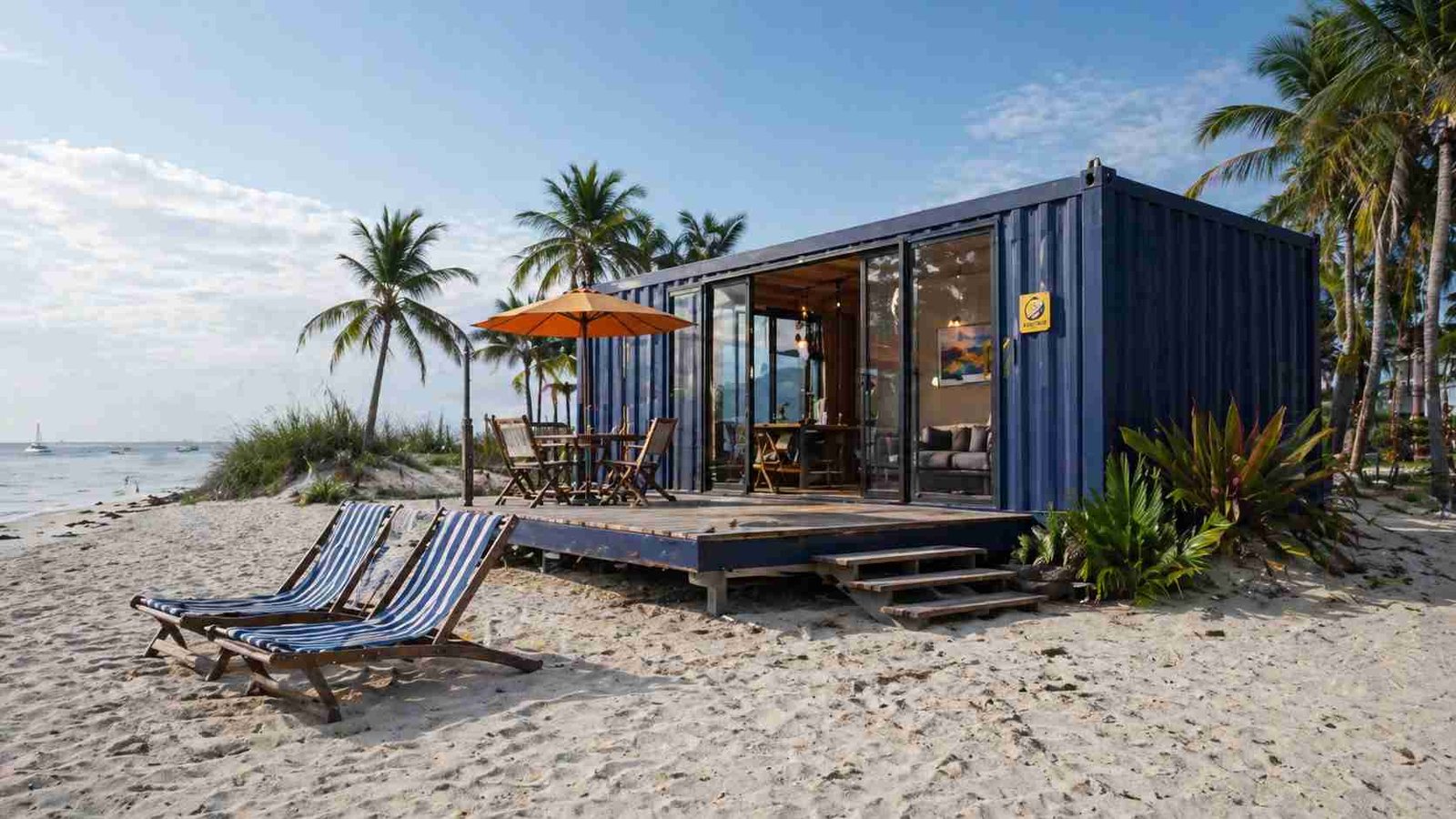 Luxury container house with glass front on beach with wooden deck