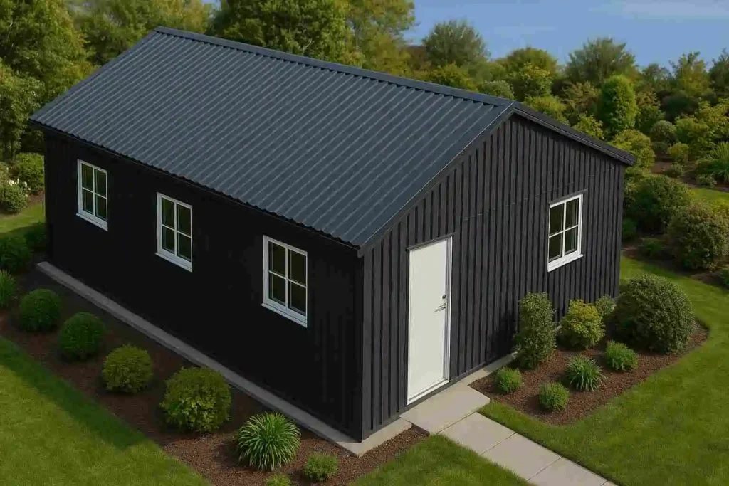 Contemporary black prefab container home with white door.