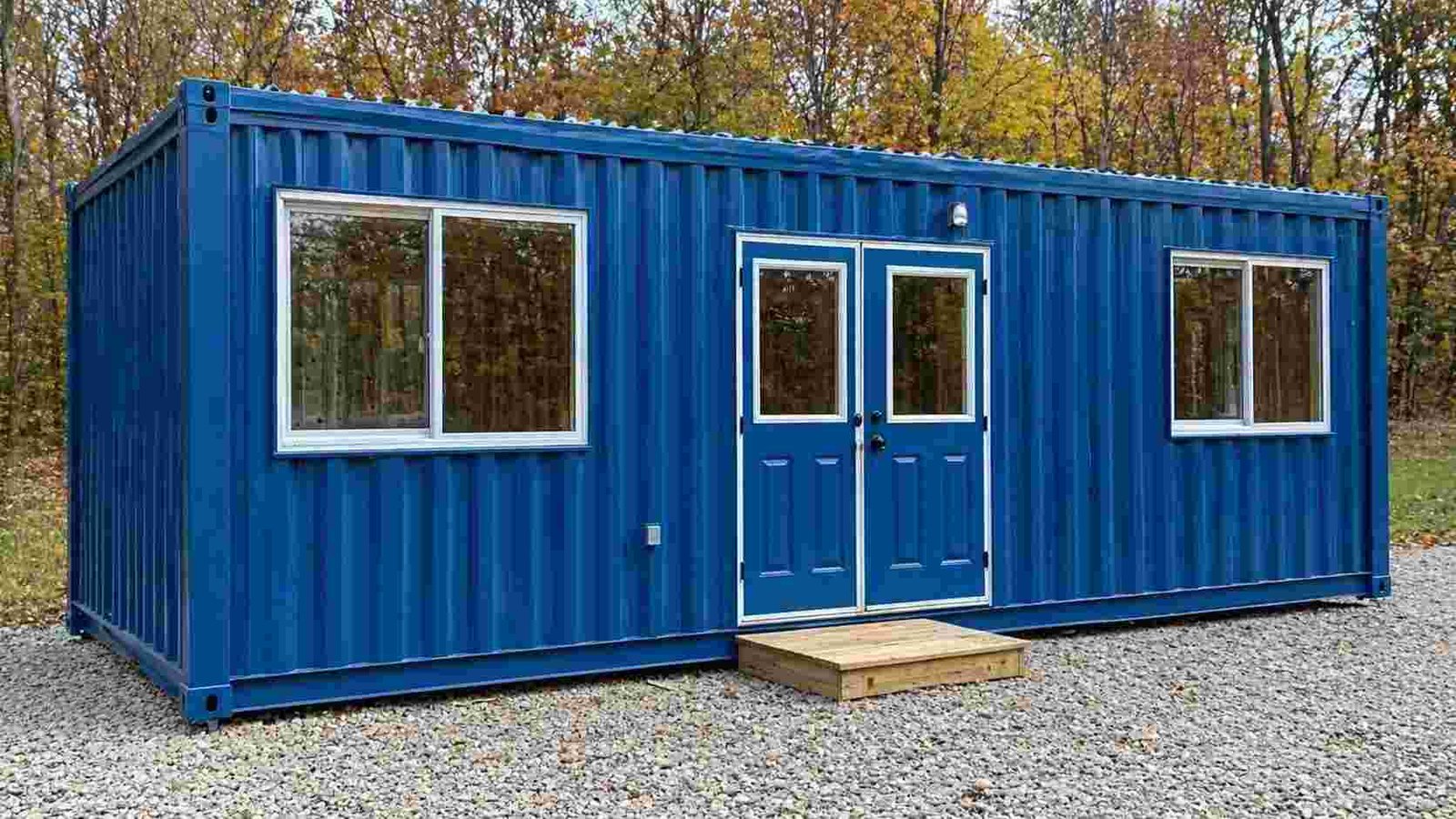 prefabricated porta cabin redeployed second site blue corrugated steel relocation