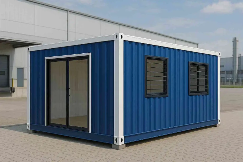 Blue portable workspaces with sliding door and windows.