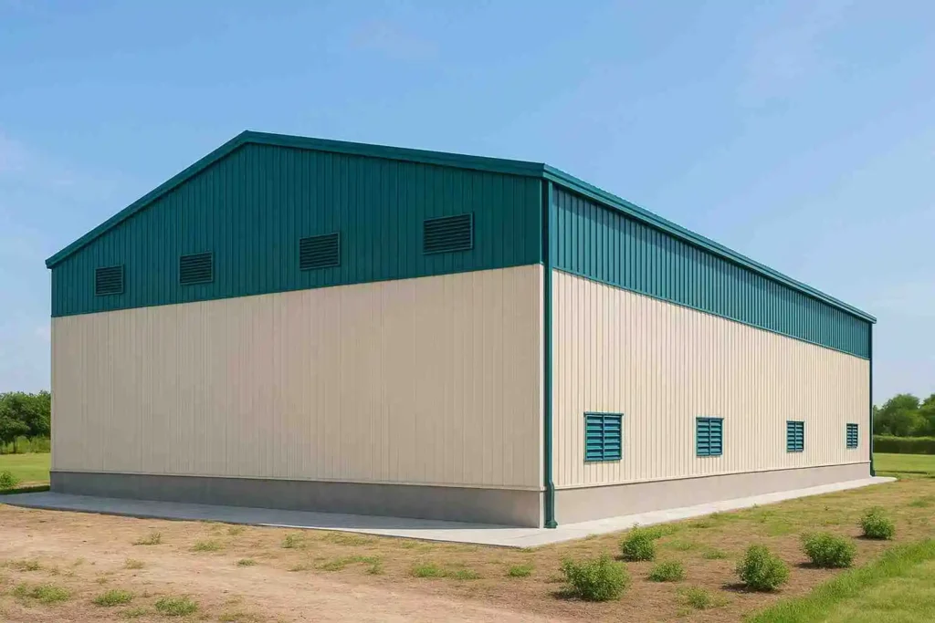 Pre-engineered building with blue roof and wall vents