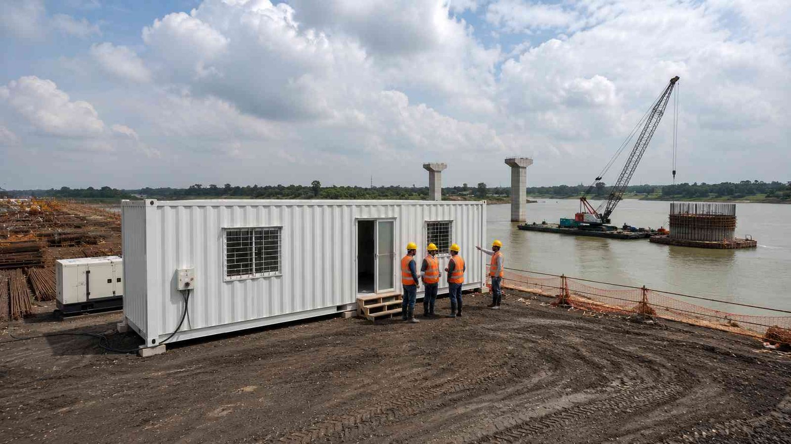 White 40-ft construction site office at river bridge project, engineers pointing at bridge piers, diesel generator connected on left