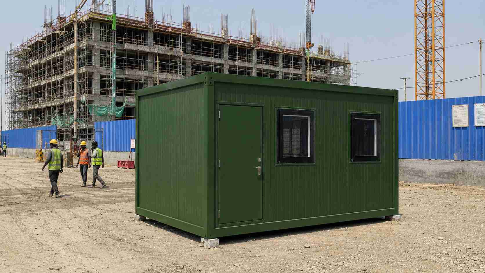 Forest green bunkhouse cabin in a construction site compound with workers nearby.