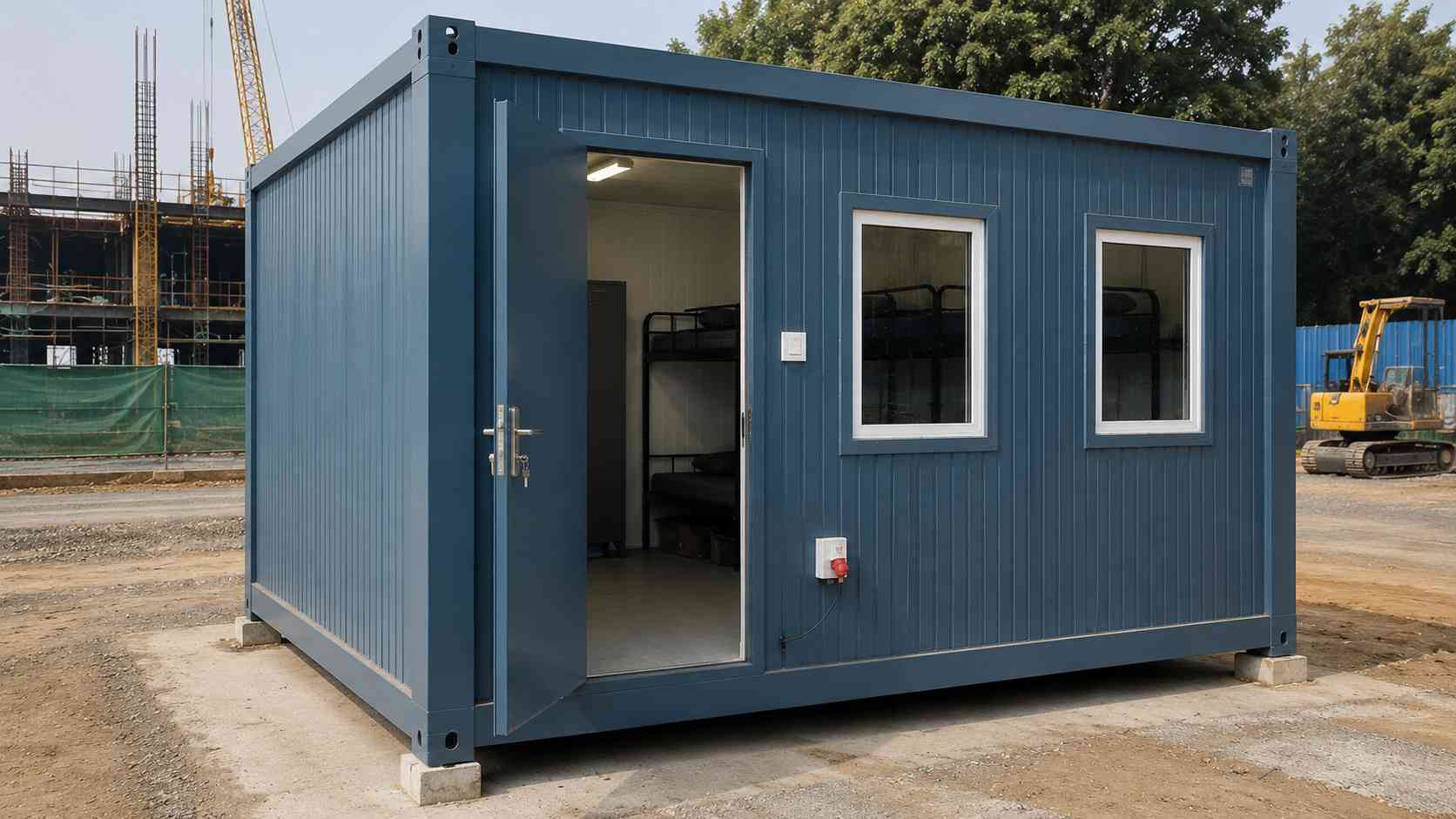 Steel blue 20×20 ft bunkhouse cabin fully fitted with door, windows and electrical point.