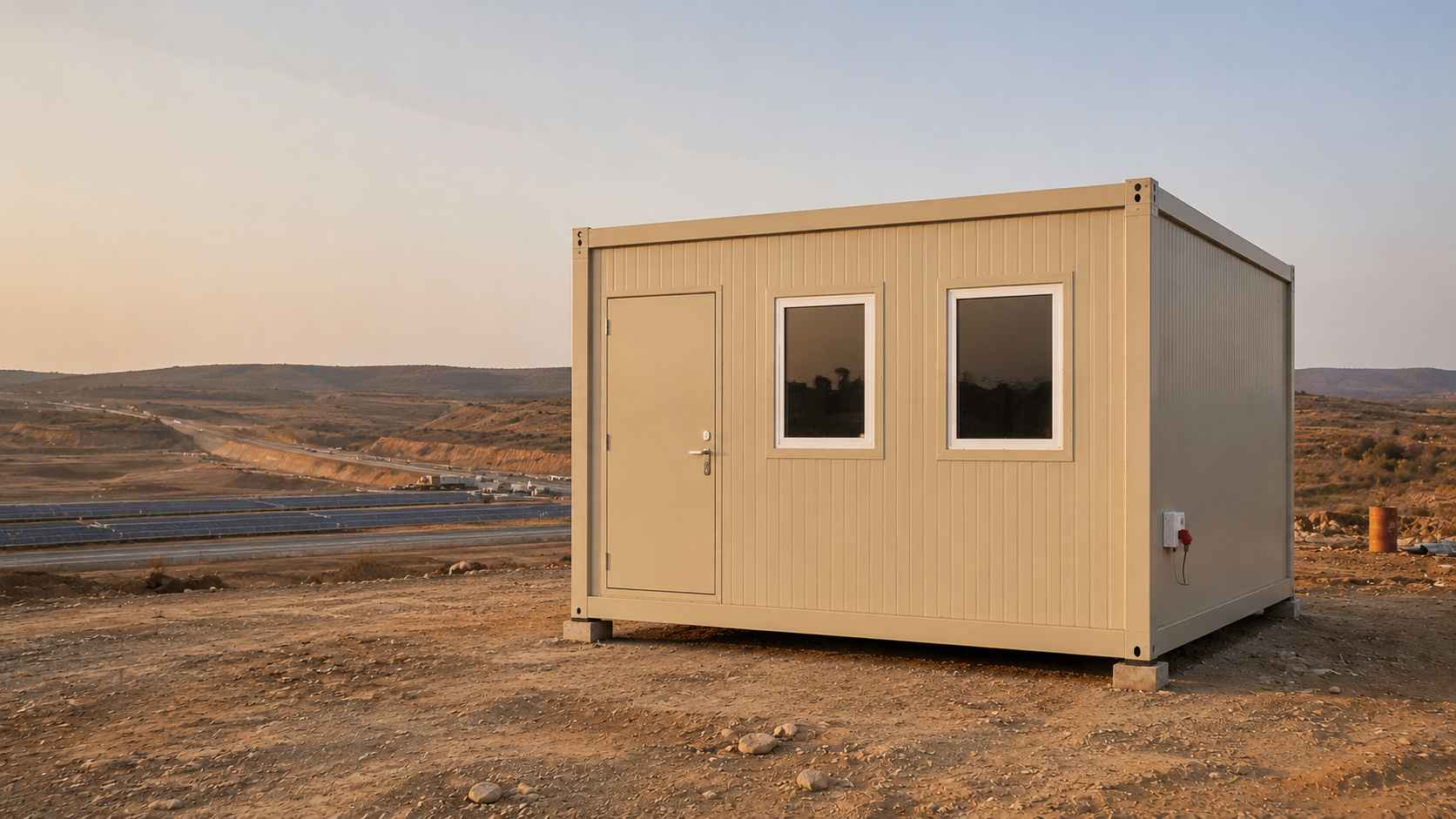 Sandstone beige bunkhouse cabin standing alone on a remote infrastructure project site.