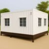 Portable cabin exterior with white panels and brown base