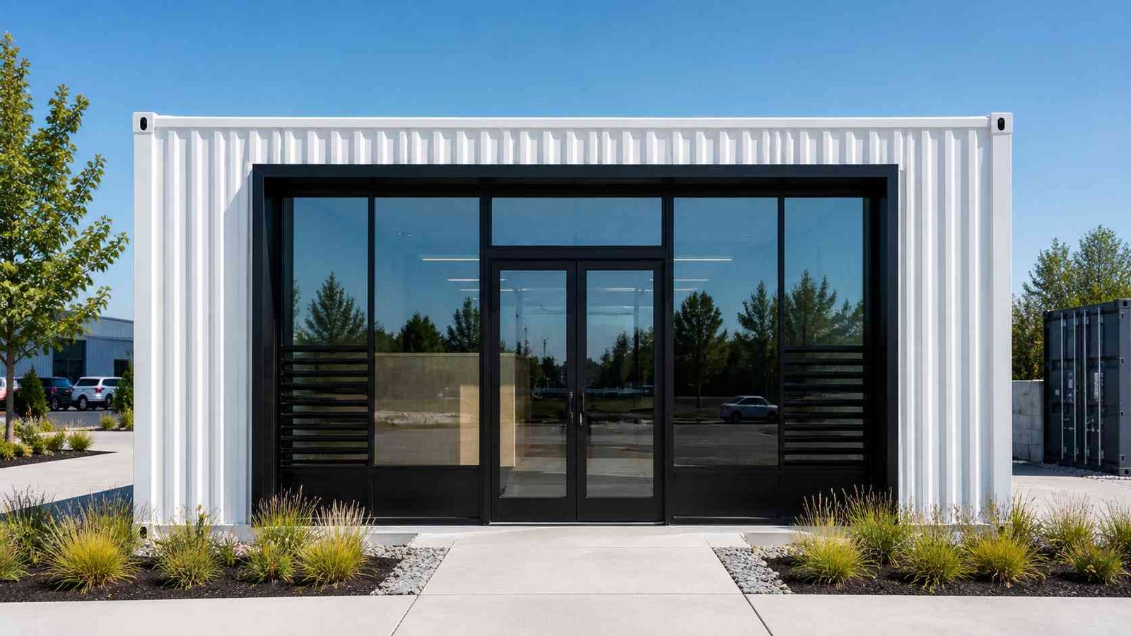 Portable cabin for sale — white MS structure with large glass entry door and full-width glazing, delivered and installed, SAMAN