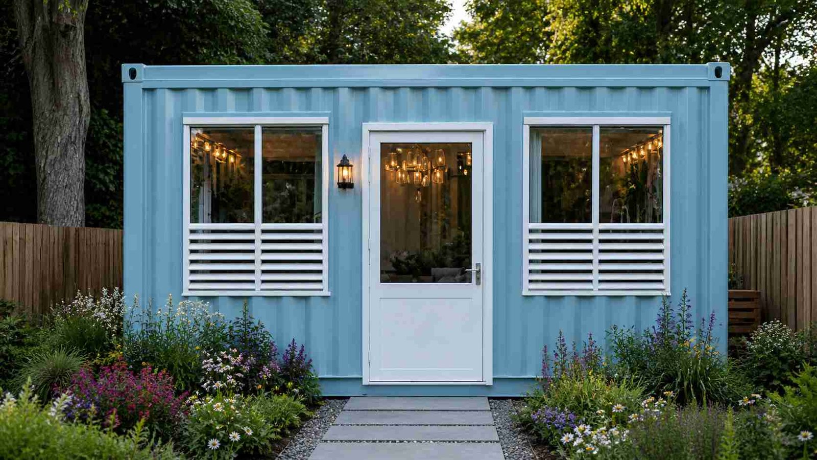 Portable cabin placed in residential garden setting — compact MS unit with white door, louvred windows, and warm interior lighting, SAMAN Portable