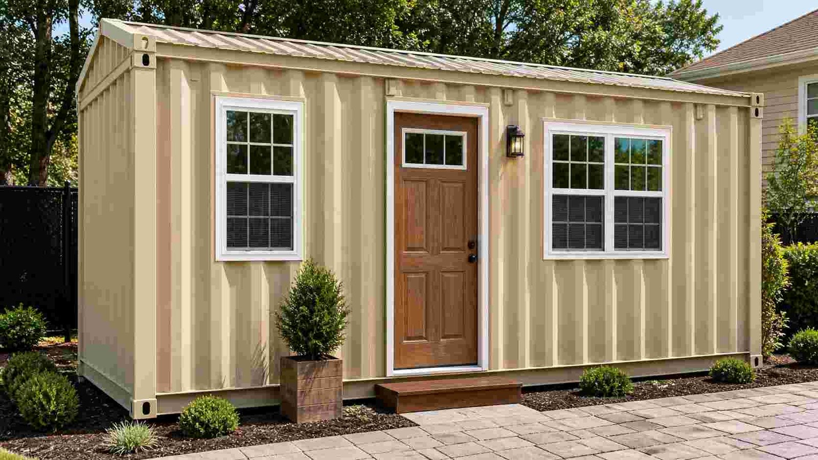 Buy portable cabin direct from manufacturer — beige MS structure with wooden door, white-framed windows, and pitched roof, placed in residential backyard, SAMAN
