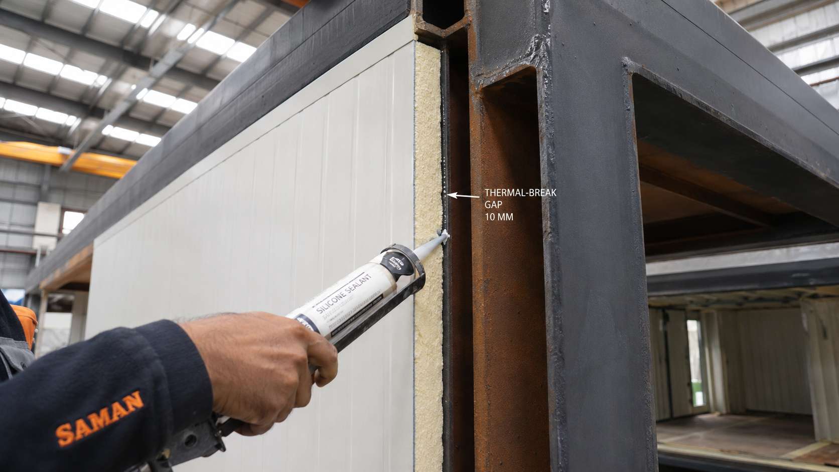 Installation detail showing a 50 mm PUF insulated panel meeting the corten structural frame inside a SAMAN cargo container house, with a technician applying thermal-break silicone sealant at the panel-to-frame junction.