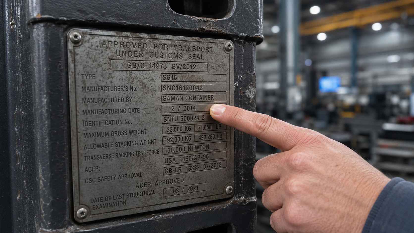 Close-up of the CSC plate bolted to the corner casting of a SAMAN cargo container house, with a hand pointing to the manufacturing year and certification details for buyer verification at handover.