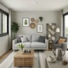 Cargo container house living room with sofa and bookshelf.