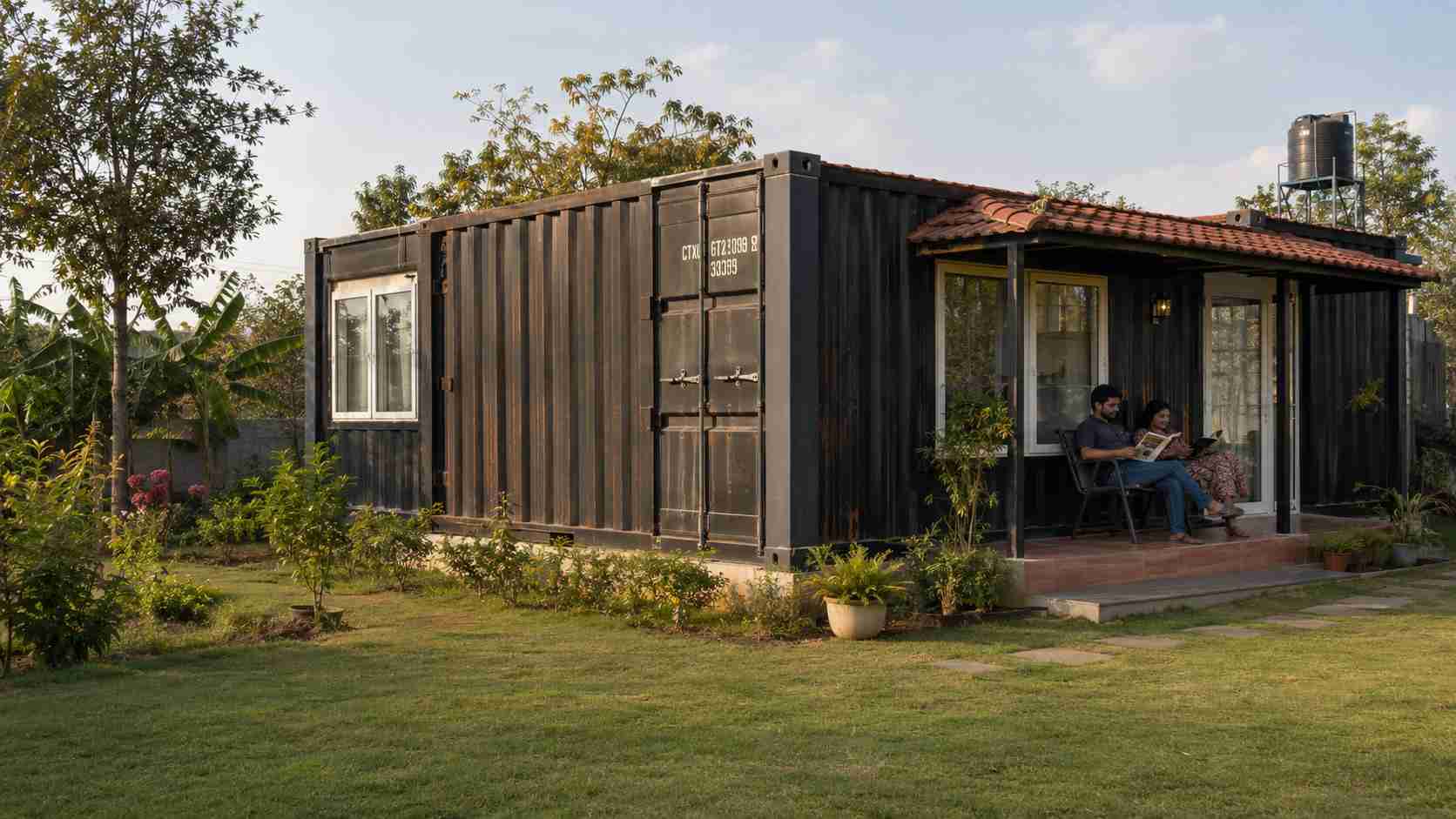 A 6-to-8-year-old SAMAN cargo container house in established residential use on a Karnataka plot, weathered corten exterior with the stable oxide patina, an Indian couple relaxing on the porch in late afternoon.
