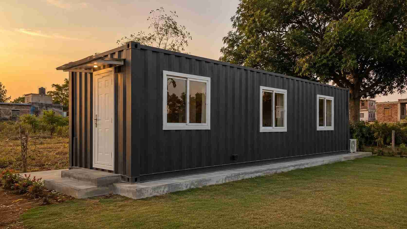 A SAMAN cargo container house installed as a residence on a Karnataka farmhouse plot at sunset — graphite-black exterior with white window frames on a concrete plinth.