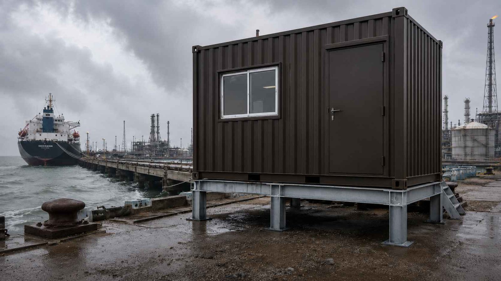 Cargo container office on raised steel platform at coastal refinery jetty with ship, storage tanks, flare stack, and monsoon salt-air exposure