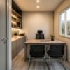 Cargo container office manager cabin interior with executive desk, visitor chairs, storage shelves, warm lighting, and side window