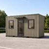 Olive green cargo container office exterior with one entrance door, two windows, corrugated panels, front canopy, and portable office cabin design