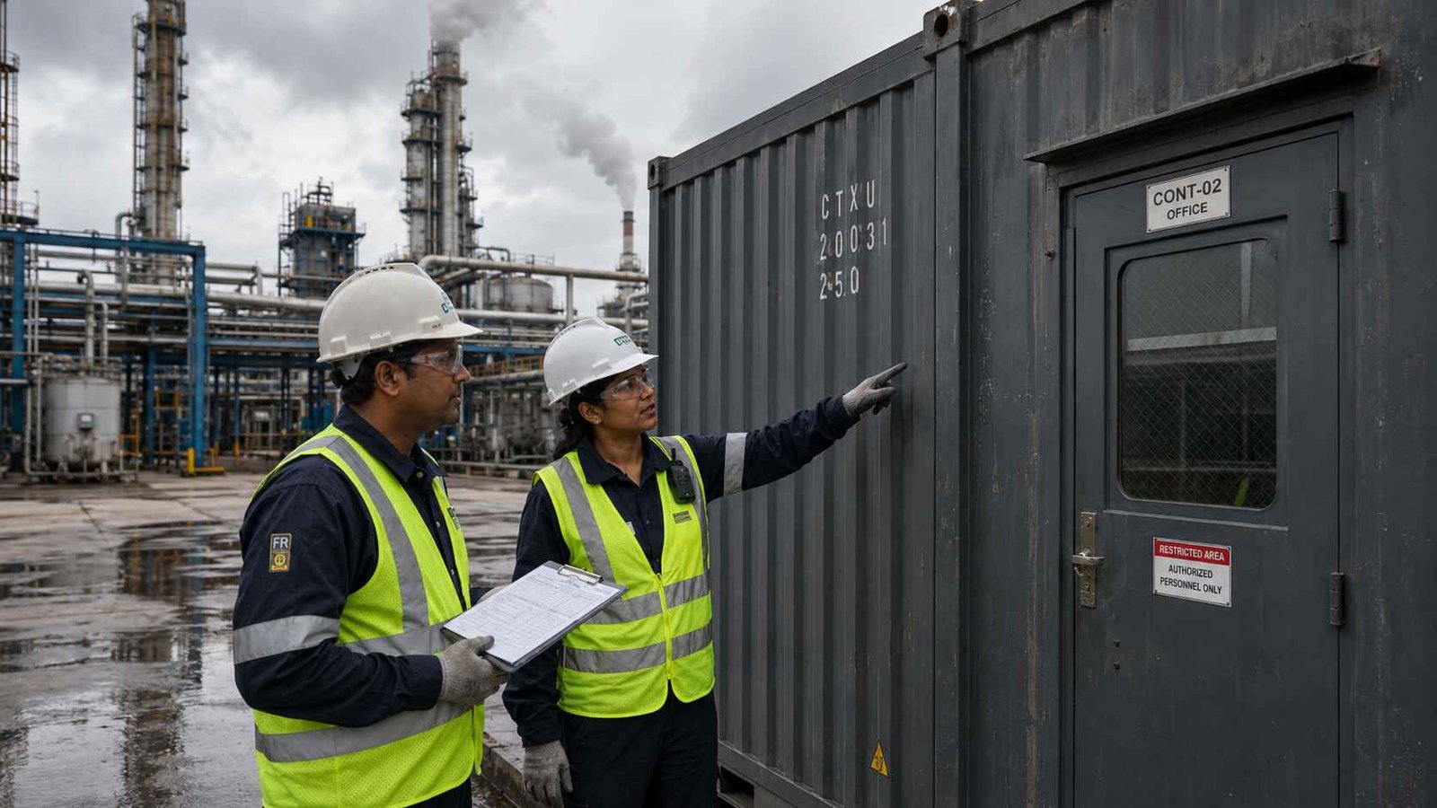 Procurement team inspecting cargo container office at petrochemical plant with Corten steel body, industrial door, safety PPE, and pipework background