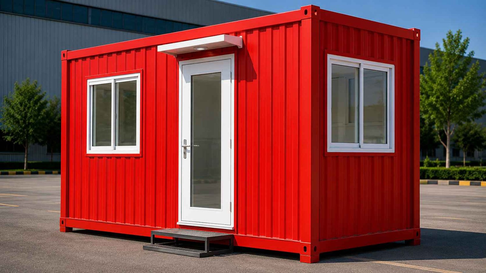 Red cargo container office exterior with white door, two windows, front canopy, corrugated panels, and portable office cabin layout