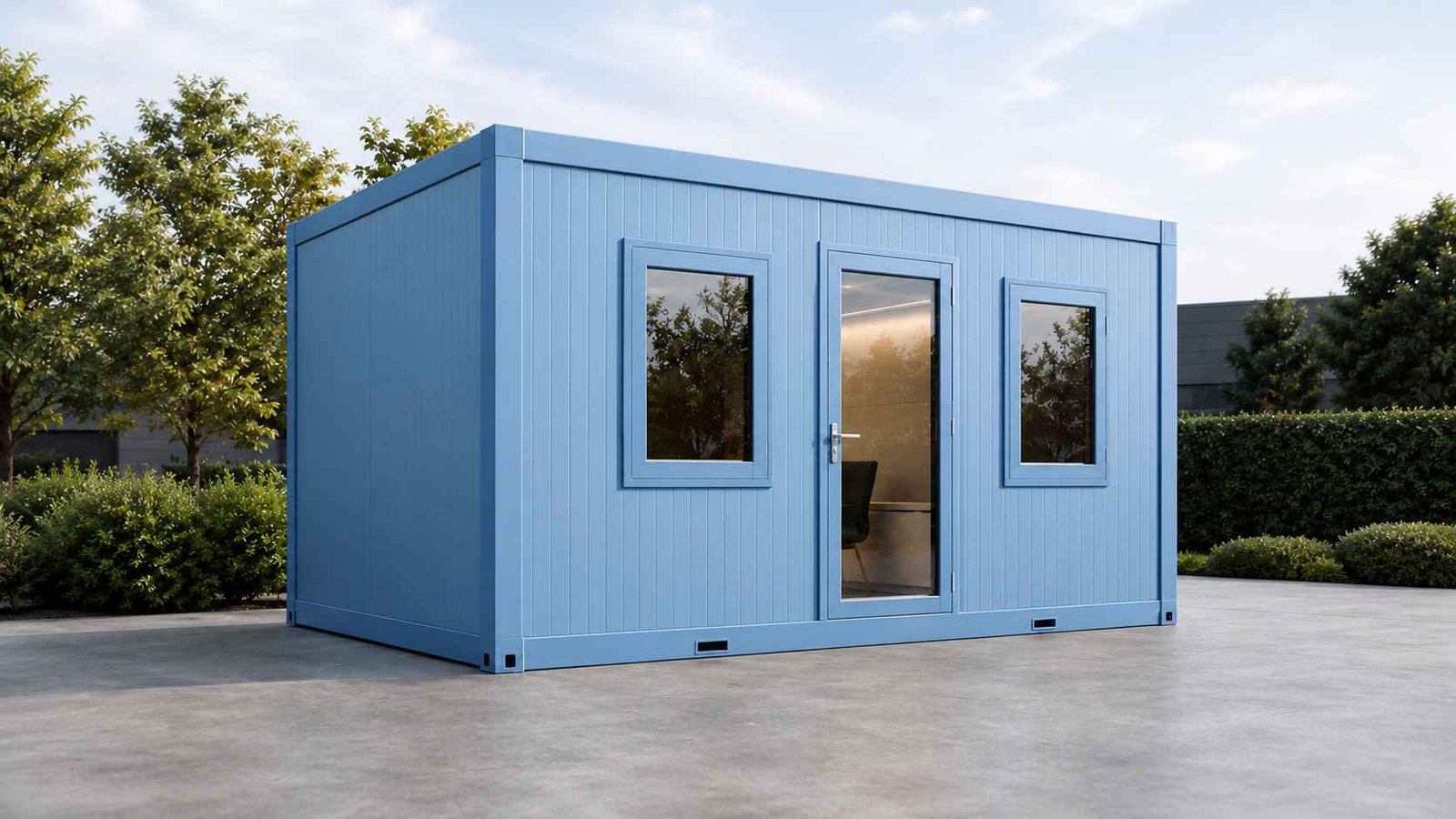 Sky blue cargo container office exterior with one glass door, two windows, corrugated wall panels, and clean modular office design