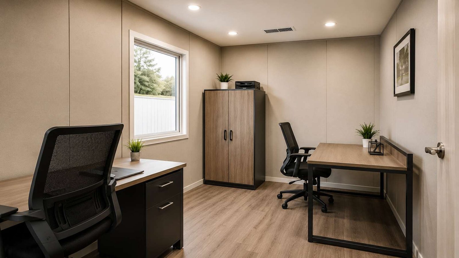 Cargo container office workstation interior with two desks, office chairs, storage cabinet, window, recessed lighting, and wood-look flooring