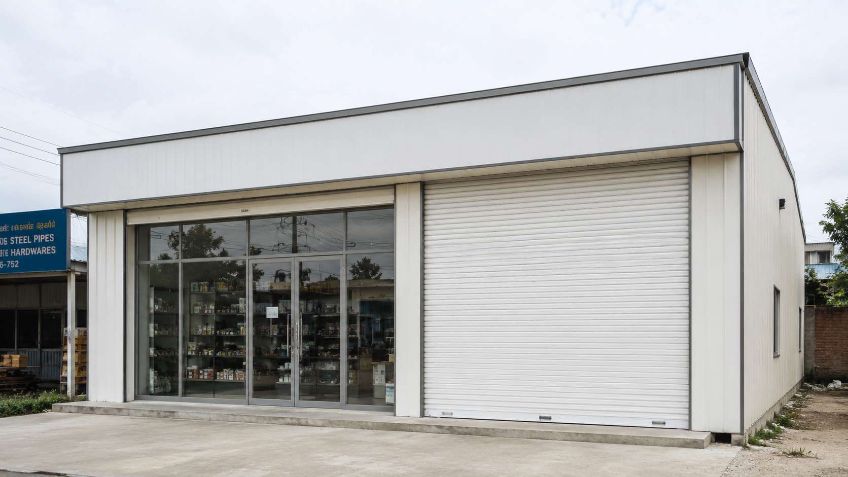 White commercial shed front bay with a glazed shopfront beside a full-height white roller shutter.