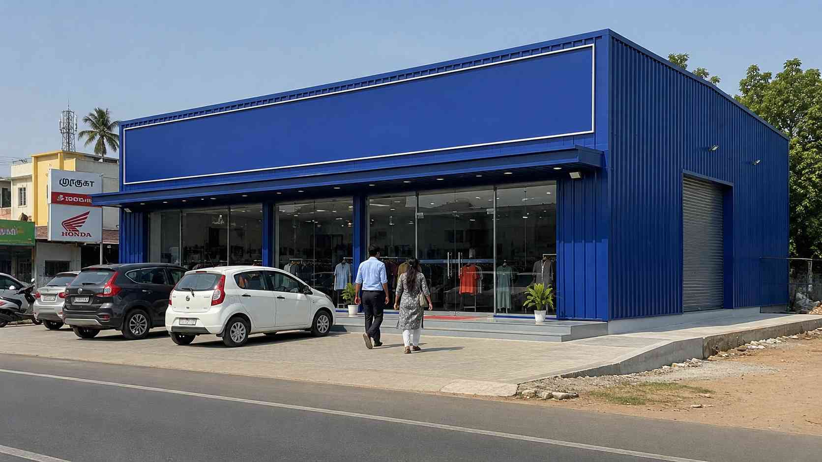 Cobalt-blue commercial shed used as a retail outlet with a glazed entry and customer parking.
