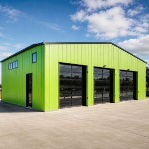 Lime-green commercial shed with three glazed roller-shutter display bays on a paved business forecourt.