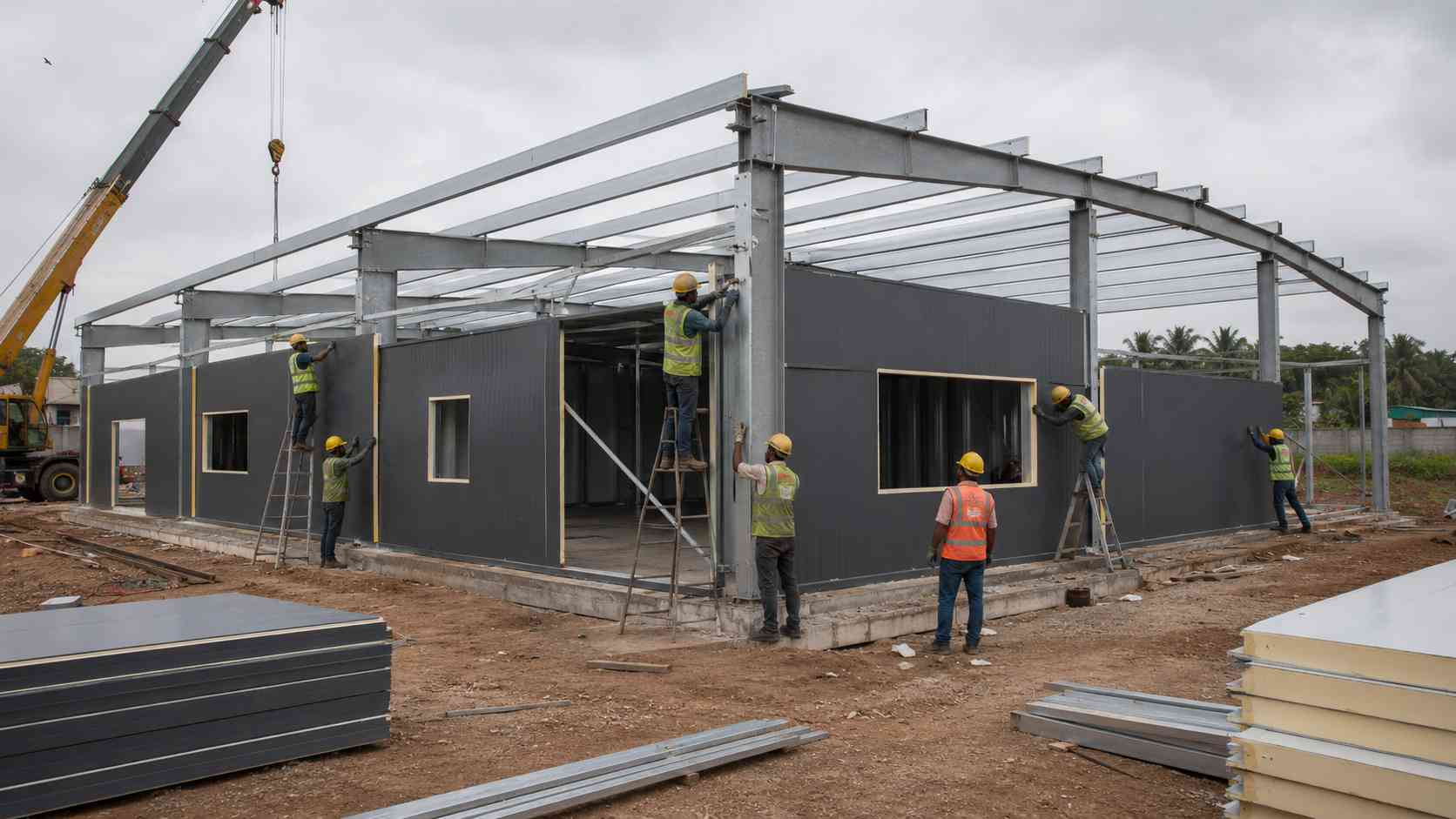 Crew erecting a prefabricated building's steel frame and fixing slate-charcoal panels on site.
