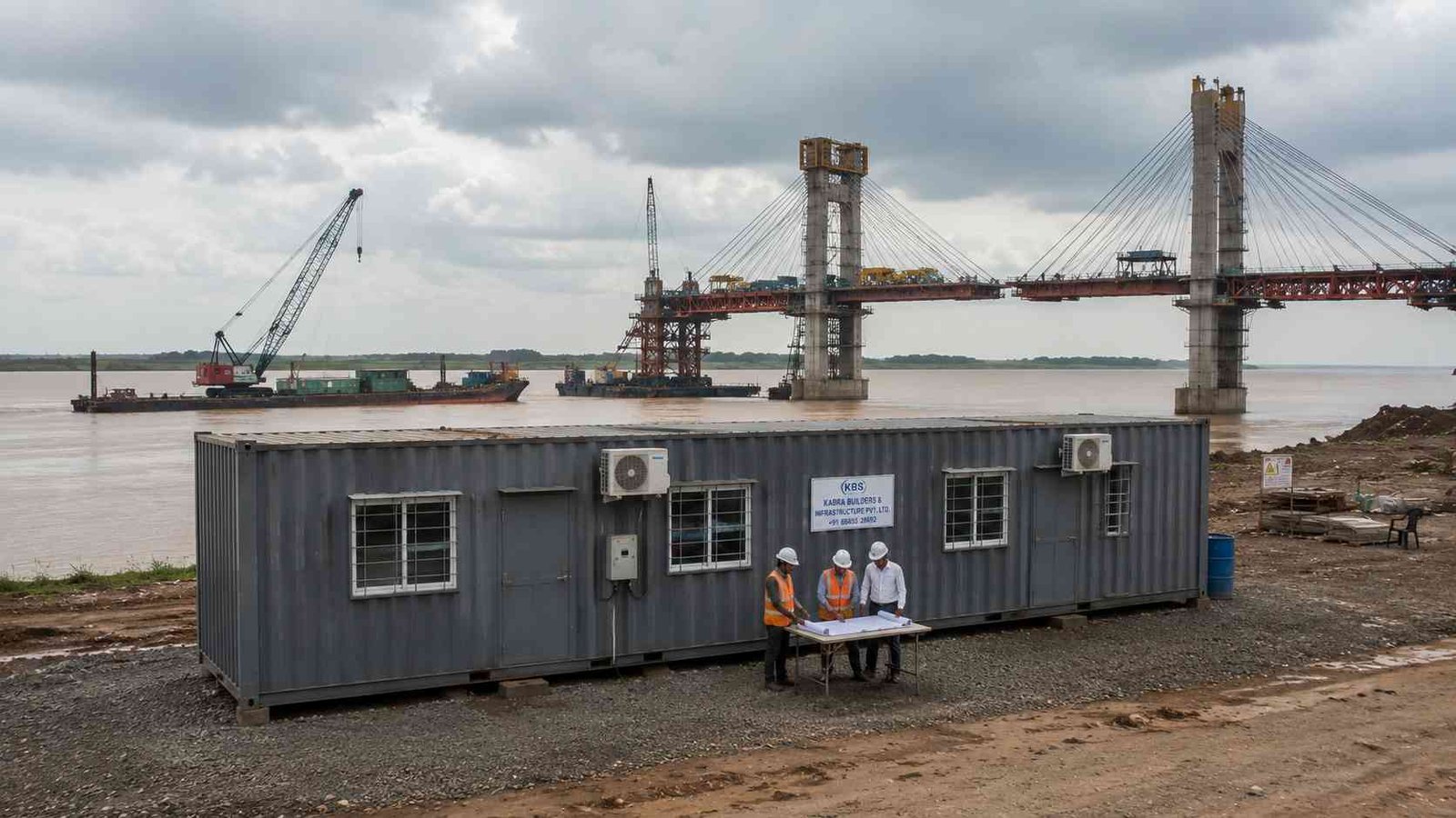 40-ft container office cabin at Indian river bridge construction site — concrete bridge piers, crawler crane barge, site engineers reviewing drawings